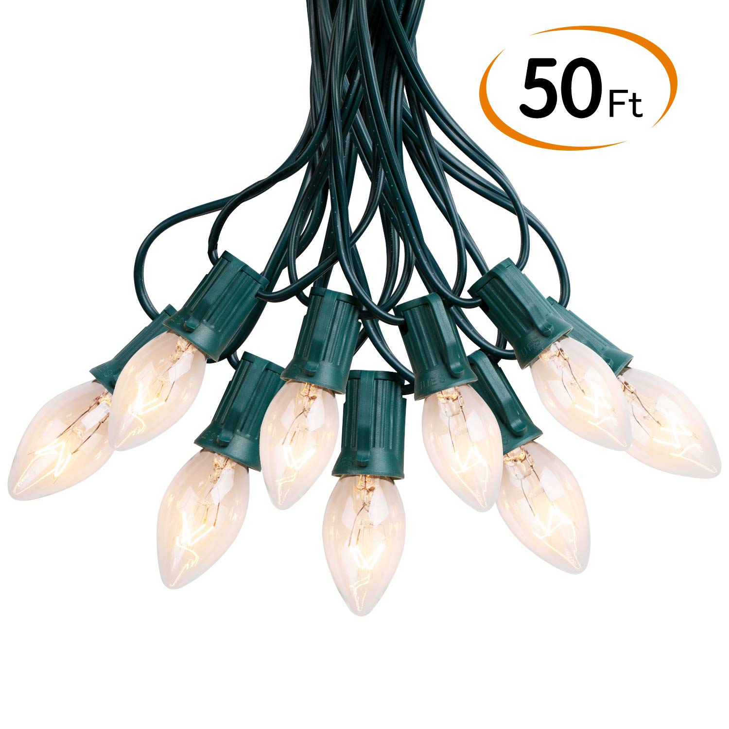 Vintage C9 Christmas Lights Outdoor, 50 FT C9 String Lights for Christmas Decorations Holiday Party Indoor Room Outdoor Roofline Backyard Garden Patio Cafe Home Decoration, E17 Base, 50 +2 Bulbs