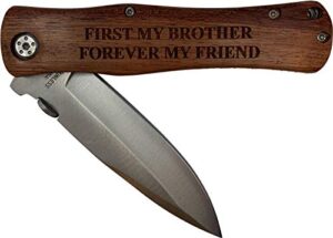 first my brother forever my friend stainless steel folding pocket knife with clip, wood