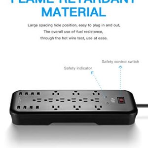 KMC 12-Outlet Surge Protector Power Strip with 8 USB Charging Ports (5V/10A), 4500J,6-Foot Cord