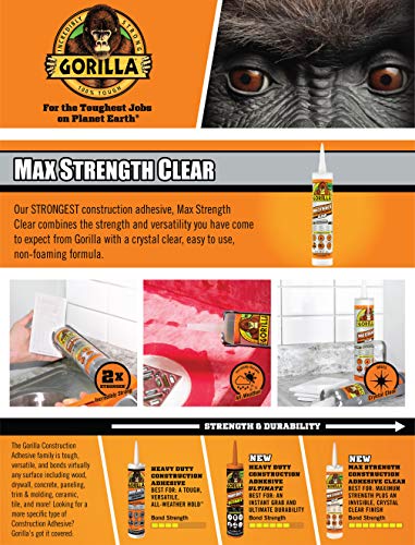 Gorilla Max Strength Clear Construction Adhesive, 9 Ounce Cartridge, Clear, (Pack of 1)
