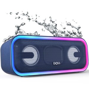 doss bluetooth speaker, soundbox pro+ wireless bluetooth speaker with 24w impressive sound, booming bass, ipx6 waterproof, 15hrs playtime, wireless stereo pairing, mixed colors lights, 66 ft - blue