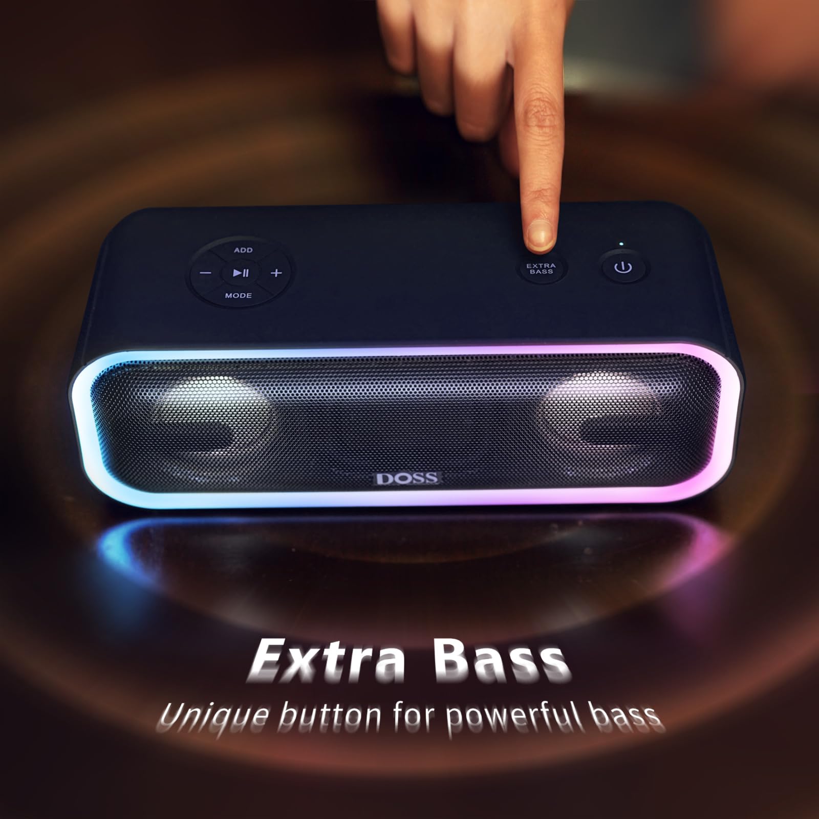 DOSS Bluetooth Speaker, SoundBox Pro+ Wireless Bluetooth Speaker with 24W Impressive Sound, Booming Bass, IPX6 Waterproof, 15Hrs Playtime, Wireless Stereo Pairing, Mixed Colors Lights, 66 FT - Blue