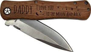 daddy - i love you to the moon and back stainless steel folding pocket knife with clip, wood