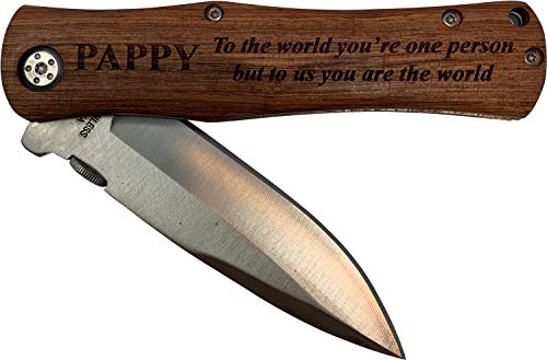 Pappy - to the world you're one person but to us you are the world Stainless Steel Folding Pocket Knife with Clip, Wood