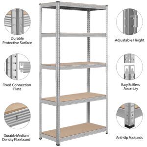 Topeakmart 5-Tier Utility Shelves, Metal Storage Shelves Unit Adjustable Garage Storage Racks Heavy Duty Shed Shelving- Silver, 35.5 x 16 x 71 Inch