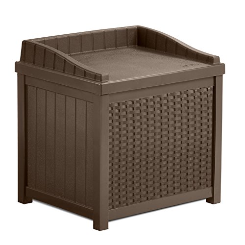 Stylish Resin Small Storage Seat Deck Box, Large 22-Gallon Storage Capacity, Contemporary Wicker Design, Long Lasting Resin Construction, Combines Seating And Storage Solutions, Brown Finish