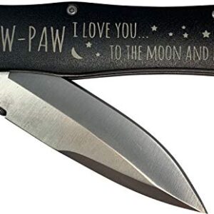 PawPaw - I Love You to The Moon and Back Stainless Steel Folding Pocket Knife with Clip, Black