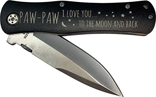 PawPaw - I Love You to The Moon and Back Stainless Steel Folding Pocket Knife with Clip, Black