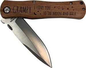 grampy - i love you to the moon and back stainless steel folding pocket knife with clip, wood