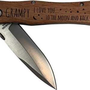 Grampy - I Love You to The Moon and Back Stainless Steel Folding Pocket Knife with Clip, Wood