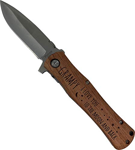 Grampy - I Love You to The Moon and Back Stainless Steel Folding Pocket Knife with Clip, Wood