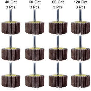 M-jump 12 Pcs 2”X 1” X1/4” Flap Wheels Set –3 pcs Of Each 40 60 80 and 120 Grits Aluminum Oxide for Remove Rust and Weld Burr – 1/4 Shank Fits All Drills