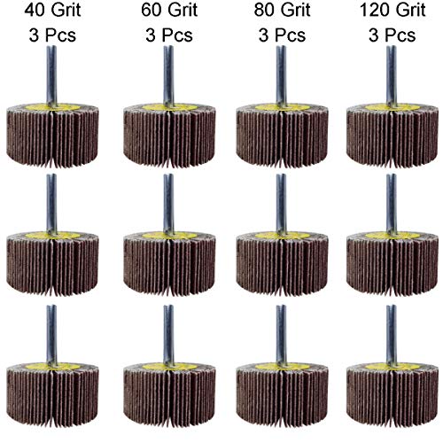 M-jump 12 Pcs 2”X 1” X1/4” Flap Wheels Set –3 pcs Of Each 40 60 80 and 120 Grits Aluminum Oxide for Remove Rust and Weld Burr – 1/4 Shank Fits All Drills