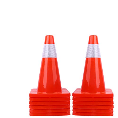 [ 12 Pack ] 18" Traffic Cones PVC Safety Road Parking Cones Weighted Hazard Cones Construction Cones for Traffic Fluorescent Orange w/4" Reflective Strips Collar