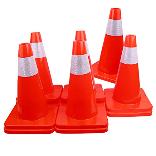 [ 12 Pack ] 18" Traffic Cones PVC Safety Road Parking Cones Weighted Hazard Cones Construction Cones for Traffic Fluorescent Orange w/4" Reflective Strips Collar