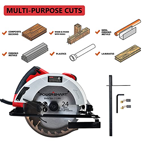 PowerSmart 14 Amp 7-1/4 Inch Electric Circular Saw Corded Wood Saw Red