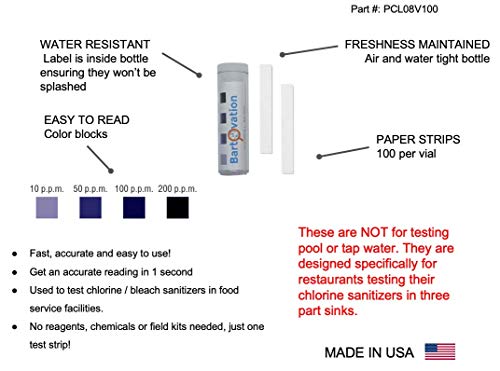 Three Pack Restaurant Sanitizer Chlorine Test Paper, 10-200 ppm [3 Vials of 100 Paper Strips]