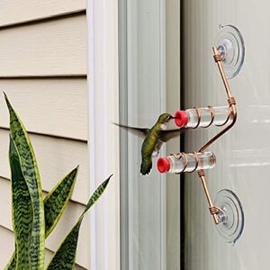 SWEET FEEDERS Geometric Window Hummingbird Feeder | Copper and Aluminum | Multiple Stations | Modern Hummingbird Feeder | Handcrafted | Home Décor | Glass Bottles | Suction Cups (Copper)