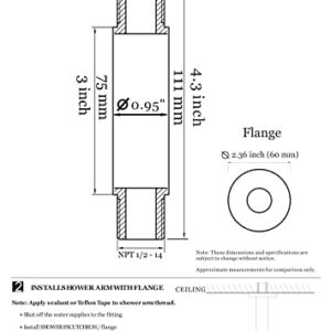 Aquaiaw Shower Arm and O-Ring Flange, 3 inch, Solid Brass, Round, Both Soldered 1/2 NPT Tapered Threads, Straight Shower Arm Extension, Ceiling Shower Head Arm for Rainfall Shower (PVD Brushed Nickel)