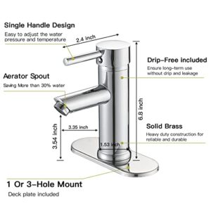 Greenspring Bathroom Sink Faucet Chrome Commercial Single Handle One Hole Deck Mount Brass Lavatory Faucet with Cover Plate, Pop Up Drain with Overflow Included
