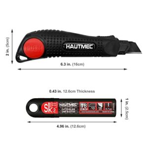 HAUTMEC 18mm Utility Knife Box Cutter with Quick Change Button and 10pcs Blade Set, Retractable Snap off Black SK2 Ultra Sharp Blade, Anti-Slip Ergonomic Rubber Handle HT0094-KN