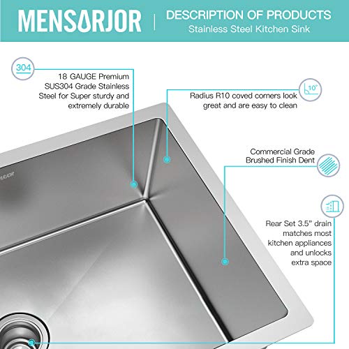 MENSARJOR Undermount Sink， 27" x 18" Single Bowl Kitchen Sink Undermount Stainless Steel Kitchen Sink, Bar or Prep Kitchen sink