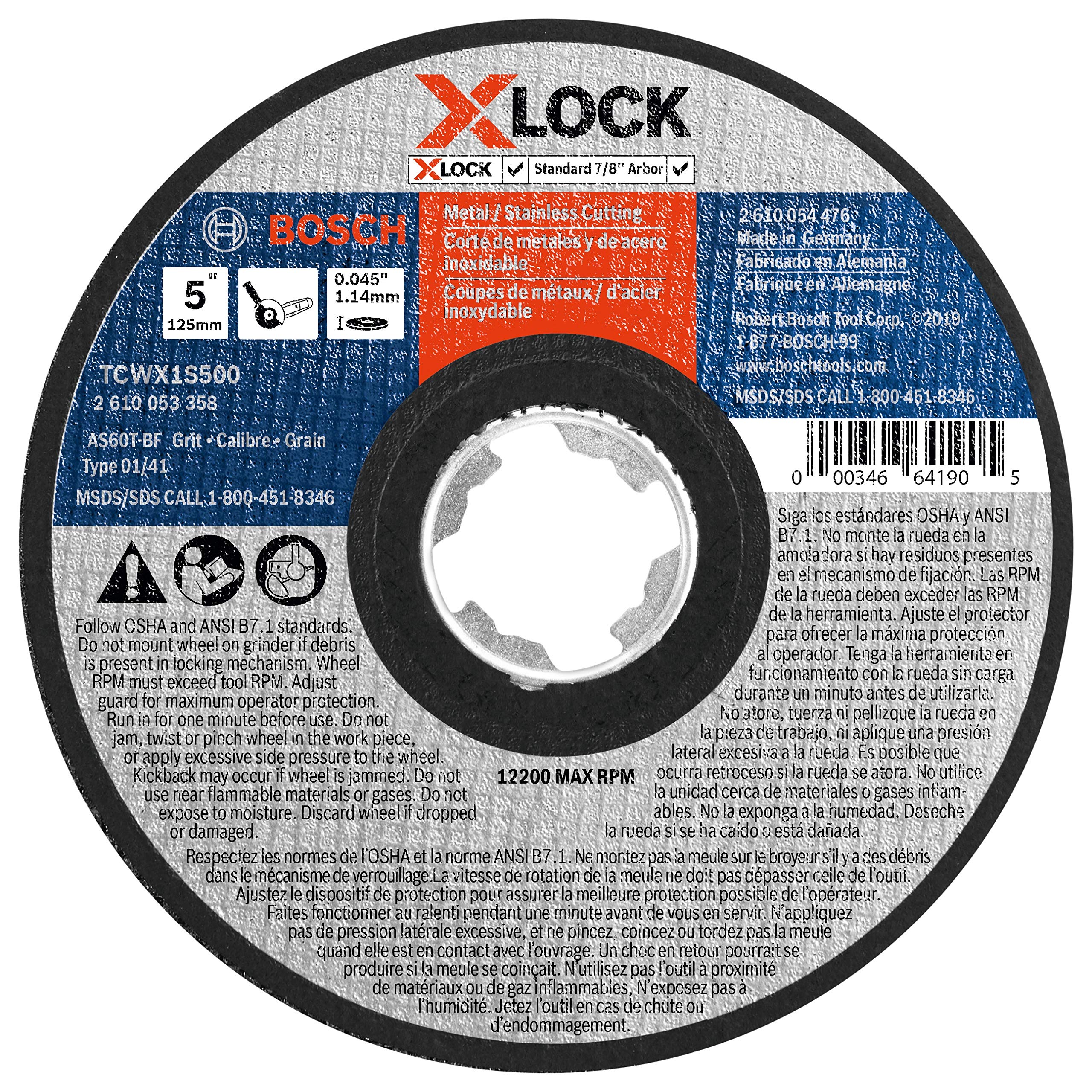 BOSCH TCWX1S500 5 In. x .045 In. X-LOCK Metal/Stainless Fast Cutting Abrasive Wheel 60 Grit Compatible with 7/8 In. Arbor Type 1A (ISO 41) for Applications in Metal, Stainless Steel Cutting