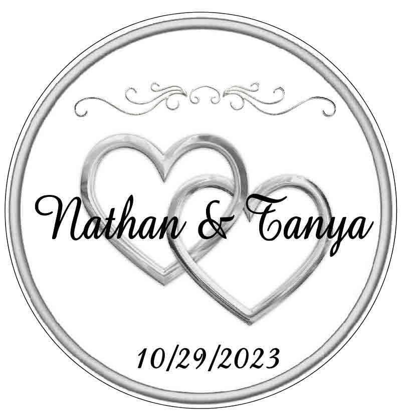 SILVER HEARTS WEDDING FAVOR STICKERS LABELS PERSONALIZED