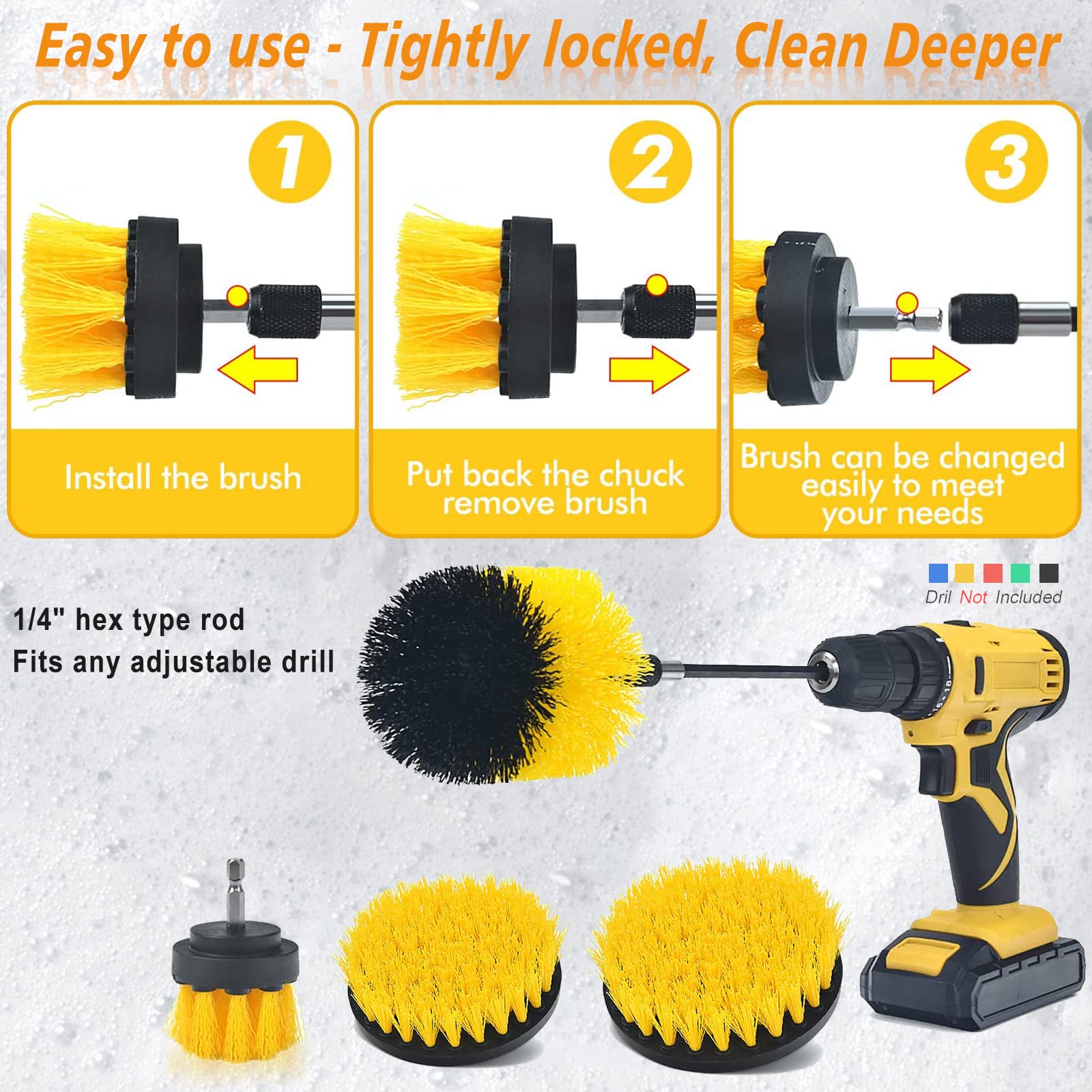 Shieldpro Drill Brush Attachment Set,Power Cleaning Scrub Brush,All Purpose Drill Brushes with Extend Long Attachment for Bathroom and Kitchen Surface,Grout,Tub,Shower,Tile,Corners, Automotive-Yellow