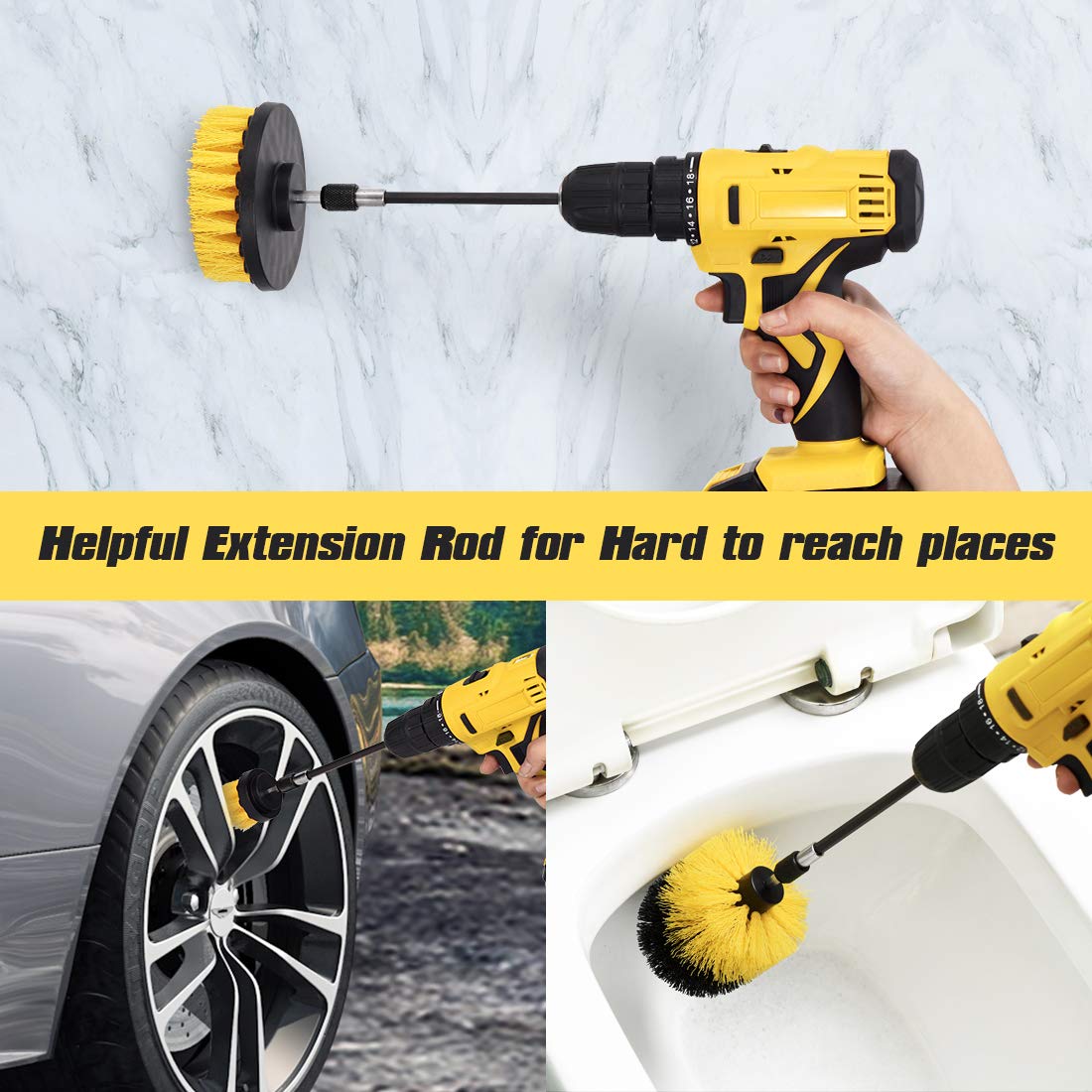 Shieldpro Drill Brush Attachment Set,Power Cleaning Scrub Brush,All Purpose Drill Brushes with Extend Long Attachment for Bathroom and Kitchen Surface,Grout,Tub,Shower,Tile,Corners, Automotive-Yellow