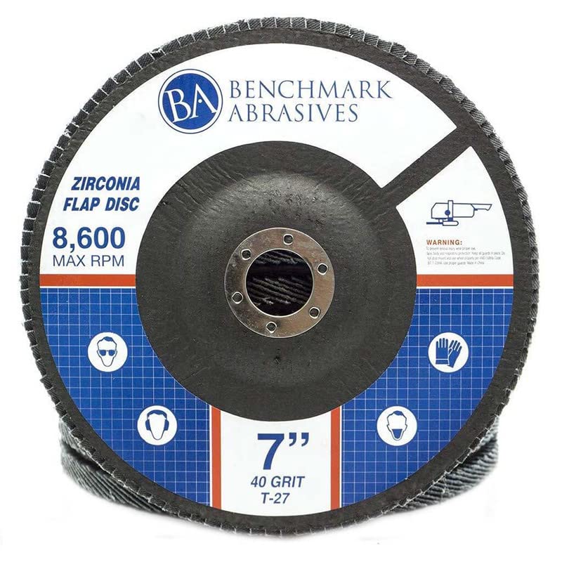 Benchmark Abrasives 7" x 7/8" Premium High-Density Jumbo Zirconia Type 27 Flap Discs for Sanding, Stock and Rust Removal, Finishing, Grinding, Deburring (10 Pack) - 40 Grit