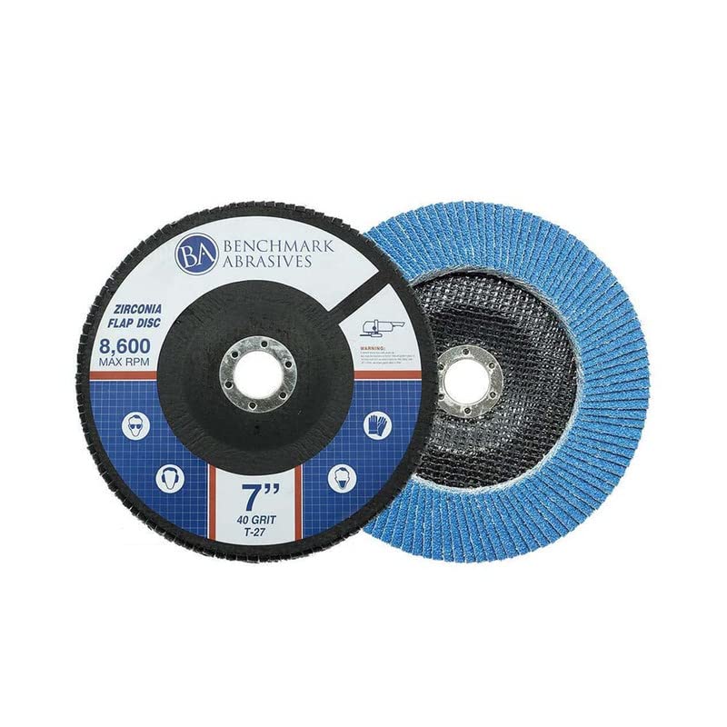 Benchmark Abrasives 7" x 7/8" Premium High-Density Jumbo Zirconia Type 27 Flap Discs for Sanding, Stock and Rust Removal, Finishing, Grinding, Deburring (10 Pack) - 40 Grit