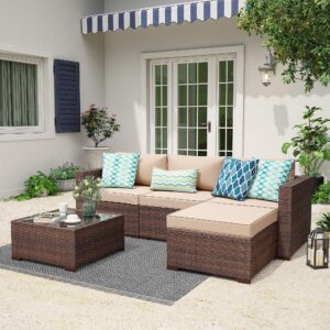 super patio outdoor patio furniture set, 5pc pe wicker rattan sectional furniture set with cushions and coffee table, brown