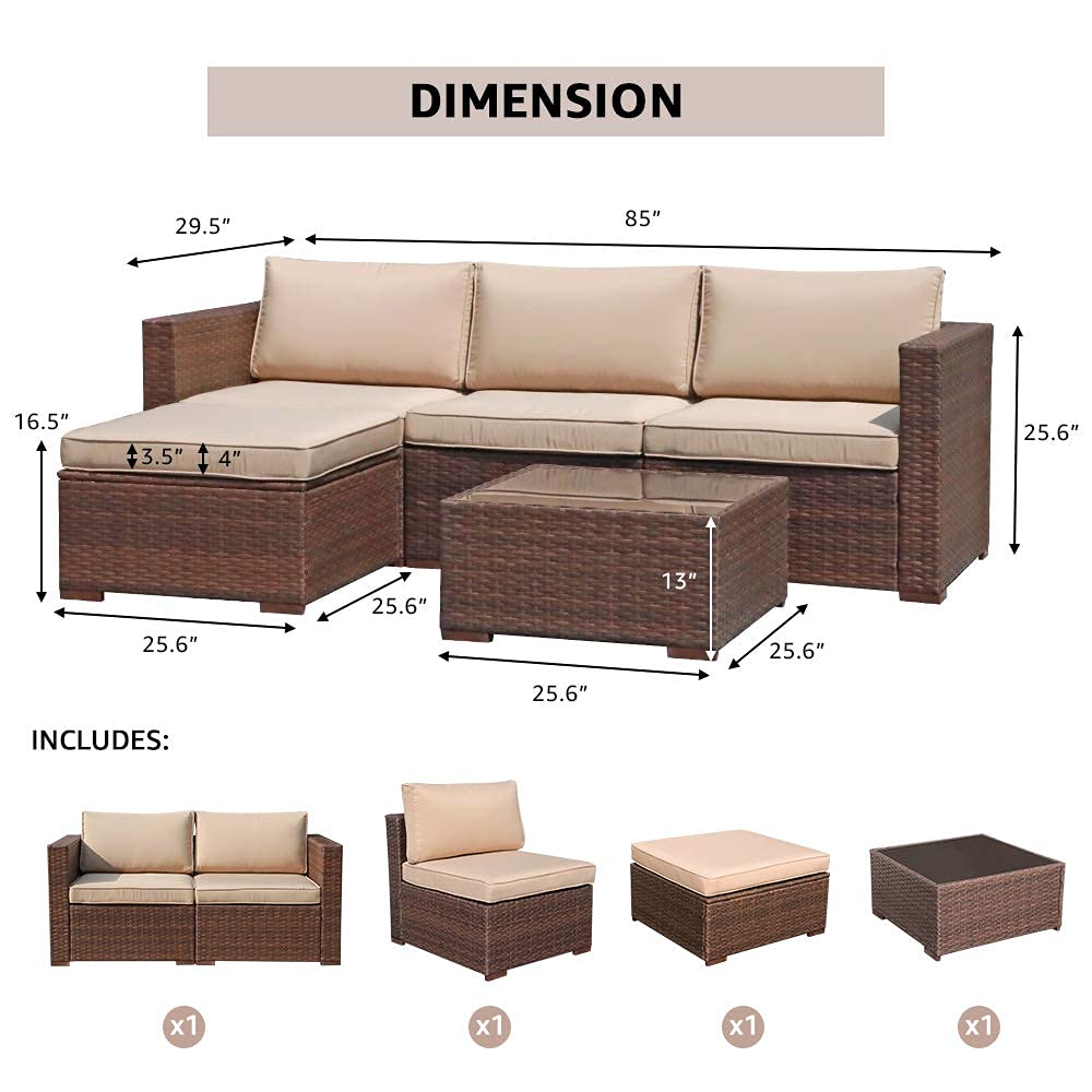 Super Patio Outdoor Patio Furniture Set, 5pc PE Wicker Rattan Sectional Furniture Set with Cushions and Coffee Table, Brown