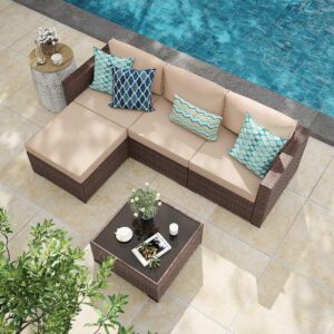 Super Patio Outdoor Patio Furniture Set, 5pc PE Wicker Rattan Sectional Furniture Set with Cushions and Coffee Table, Brown