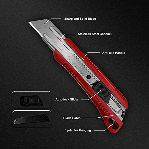 HAUTMEC 25mm Extra Heavy-Duty Utility Knife, Snap-off Retractable Box Cutter with 3pcs Sharp Blades, Auto-lock Mechanism, Sturdy Body HT0080-KN