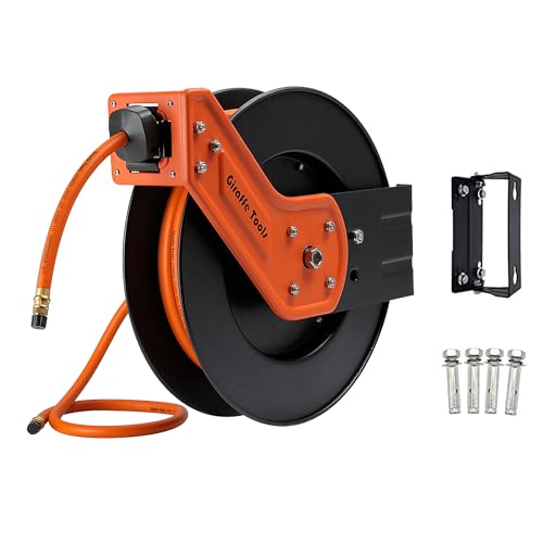 Giraffe Tools TA15 Retractable Air Compressor Hose Reel Swivel 3/8" x 50 ft Hybrid Hose, Ceiling/Wall Mounted Heavy Duty Industrial Commercial Reel, 300PSI, 50ft, Tangelo