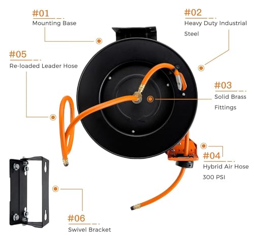 Giraffe Tools TA15 Retractable Air Compressor Hose Reel Swivel 3/8" x 50 ft Hybrid Hose, Ceiling/Wall Mounted Heavy Duty Industrial Commercial Reel, 300PSI, 50ft, Tangelo