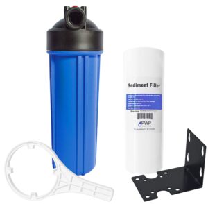 sediment water filtration system with blue 2.5x10" housing 3/4" ports, removes dirt, sand, silt and rust