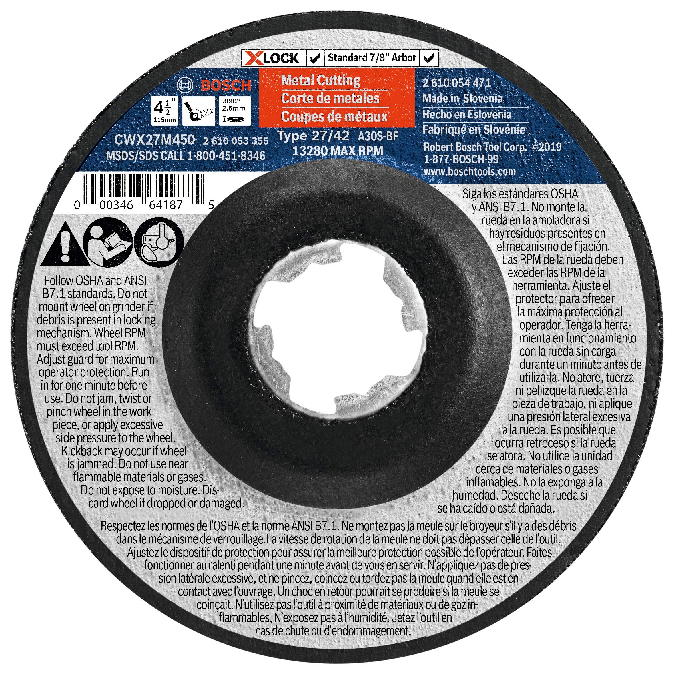 BOSCH CWX27M450 4-1/2 In. x .098 In. X-LOCK Metal Cutting Abrasive Wheel 30 Grit Compatible with 7/8 In. Arbor Type 27A (ISO 42) for Applications in Metal Cutting