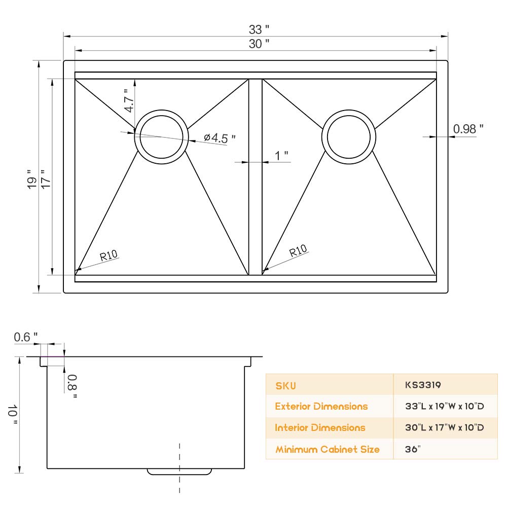 33 Inch Double Bowl Undermount Kitchen Sink Workstation-Bokaiya 33x19 Stainless Steel Undermount Double Bowl Kitchen Sink 16 Gauge Deep 50/50 Low Divide Undermount Sink