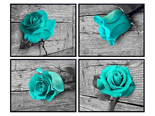 Light Blue Turquoise Floral Flowers Rose Wall Art Set, Home Decor - Poster, Print - Mothers Day, Anniversary Gift for Women - Shabby Chic, Rustic, Farmhouse Room Decorations for Living Room, Bedroom