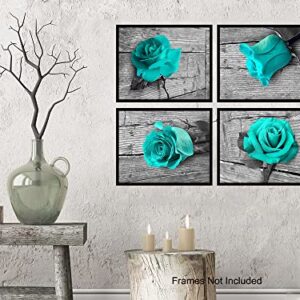 Light Blue Turquoise Floral Flowers Rose Wall Art Set, Home Decor - Poster, Print - Mothers Day, Anniversary Gift for Women - Shabby Chic, Rustic, Farmhouse Room Decorations for Living Room, Bedroom