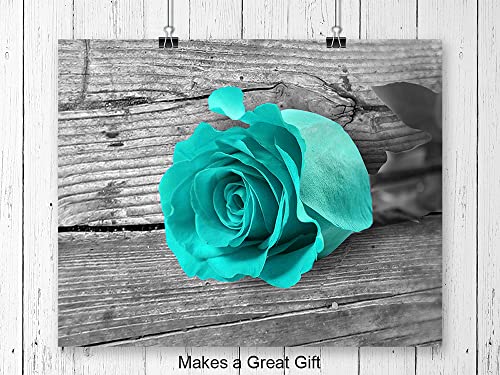 Light Blue Turquoise Floral Flowers Rose Wall Art Set, Home Decor - Poster, Print - Mothers Day, Anniversary Gift for Women - Shabby Chic, Rustic, Farmhouse Room Decorations for Living Room, Bedroom