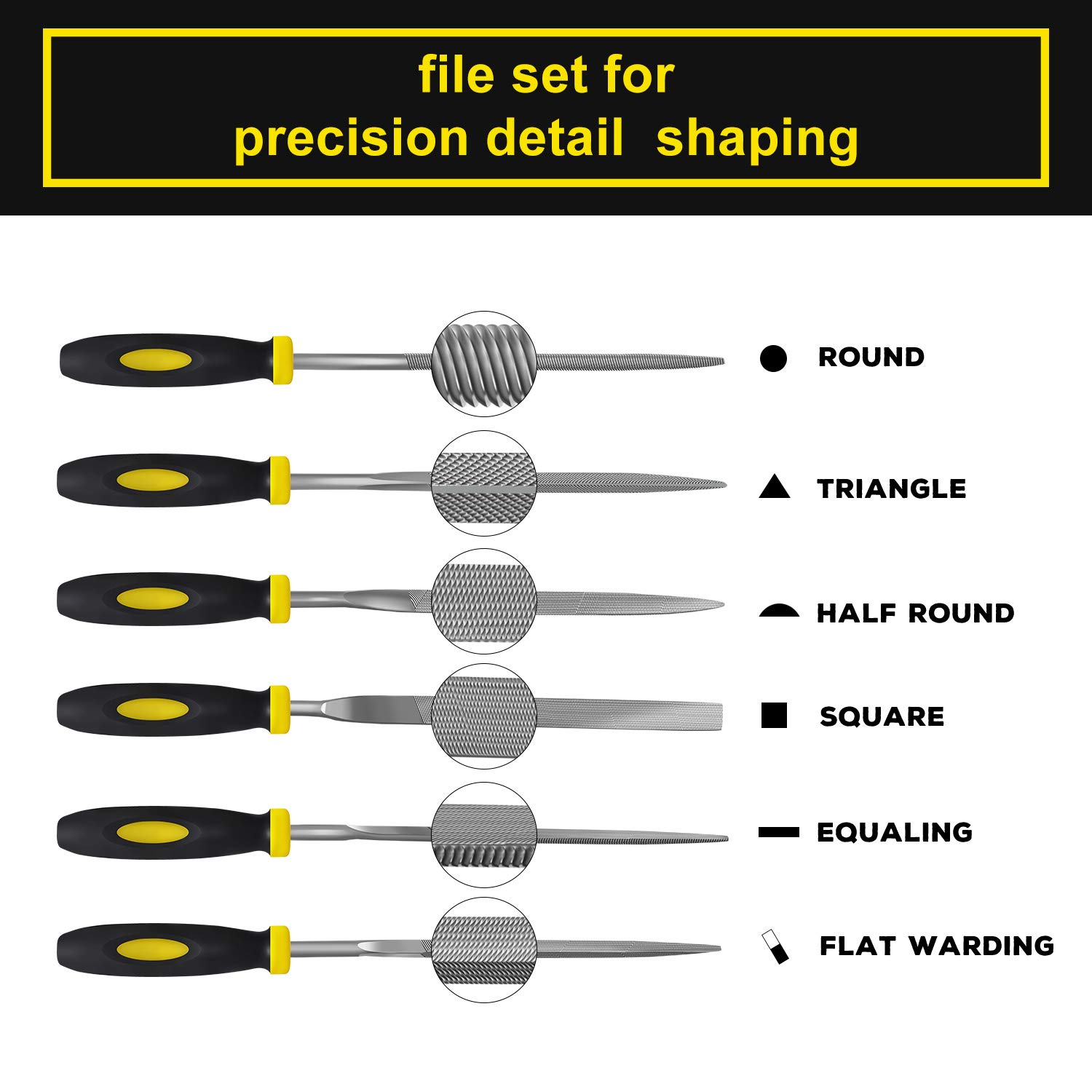 kapoua Hand Metal Needle File Set, 6 Pieces Hardened Alloy Strength Steel Set Includes Flat, Flat Warding, Square, Triangular, Round, and Half-Round File