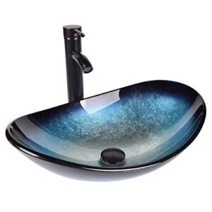 artethys bathroom sink and faucet combo - artistic tempered glass vessel sink basin washing bowl set, cabinet countertop sink with orb oil rubbed faucet pop-up drain and water pipe oval ocean blue