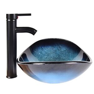 ARTETHYS Bathroom Sink and Faucet Combo - Artistic Tempered Glass Vessel Sink Basin Washing Bowl Set, Cabinet Countertop Sink with ORB Oil Rubbed Faucet Pop-up Drain and Water Pipe Oval Ocean Blue