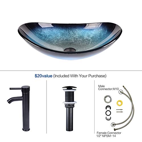 ARTETHYS Bathroom Sink and Faucet Combo - Artistic Tempered Glass Vessel Sink Basin Washing Bowl Set, Cabinet Countertop Sink with ORB Oil Rubbed Faucet Pop-up Drain and Water Pipe Oval Ocean Blue