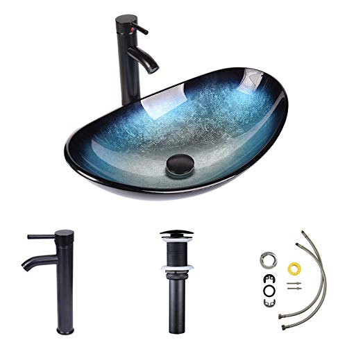 ARTETHYS Bathroom Sink and Faucet Combo - Artistic Tempered Glass Vessel Sink Basin Washing Bowl Set, Cabinet Countertop Sink with ORB Oil Rubbed Faucet Pop-up Drain and Water Pipe Oval Ocean Blue