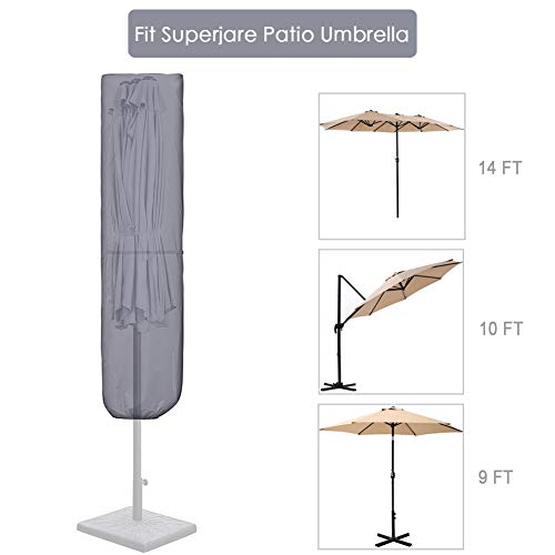 SUPERJARE Patio Umbrella Cover with Rod for 7 to 11 Ft Umbrellas & 15 Ft Double-Sided Umbrellas, 600D Protective Waterproof Cover with Zipper, Gray